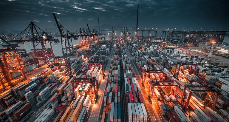 A photo of a busy port at night.