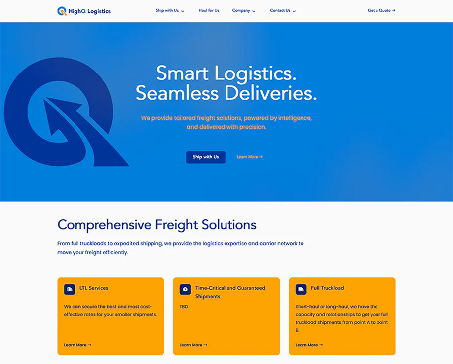 Screenshot of HighQ Logistics home page.