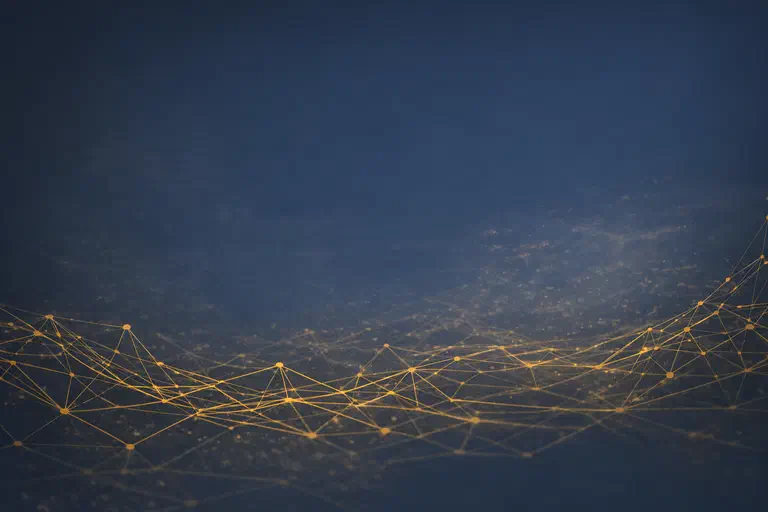 Abstract gold freight network over a dark navy background.