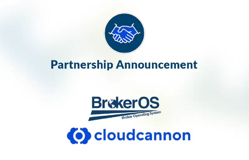 A graphic showing the BrokerOS and CloudCannon logos with the text 'Partnership Announcement'.