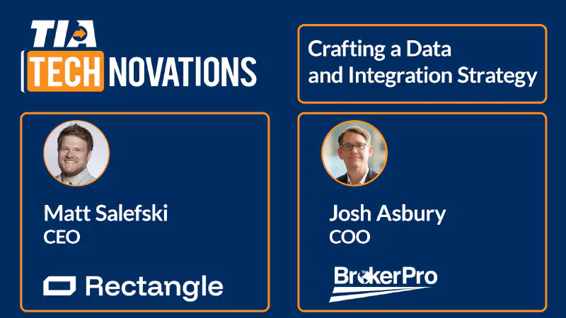 Graphic showing Josh Asbury, COO of Infinity Software Solutions, and Matt Salefski, CEO of Rectangle, with their TIA Educational Session Title "Crafting a Data Integration Strategy."