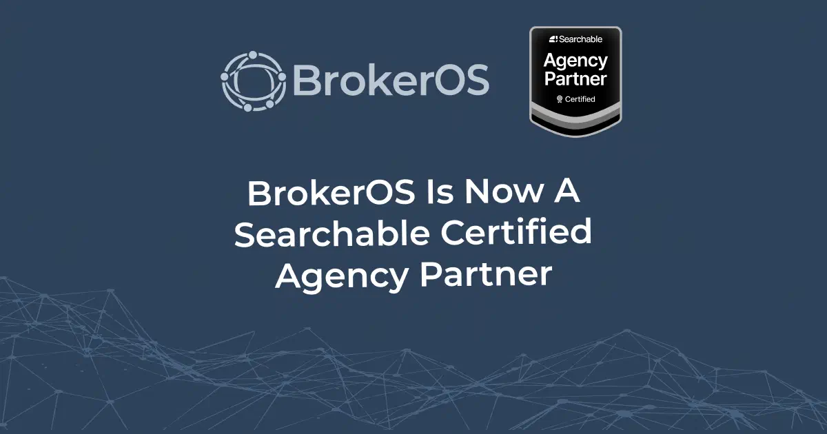 BrokerOS Is Now a Searchable Certified Agency Partner on a dark blue background with a connected network illustration.