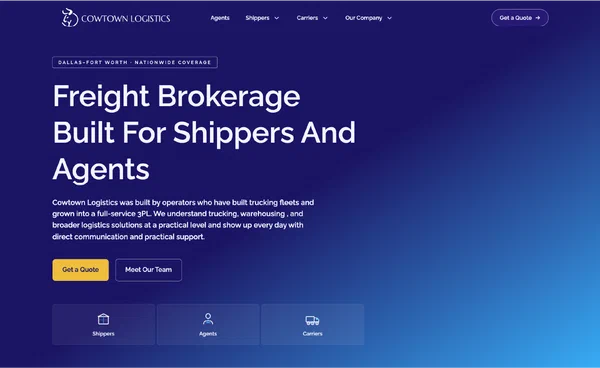 Cowtown Logistics now has a modern web presence Cowtown Logistics homepage built on BrokerOS Web.