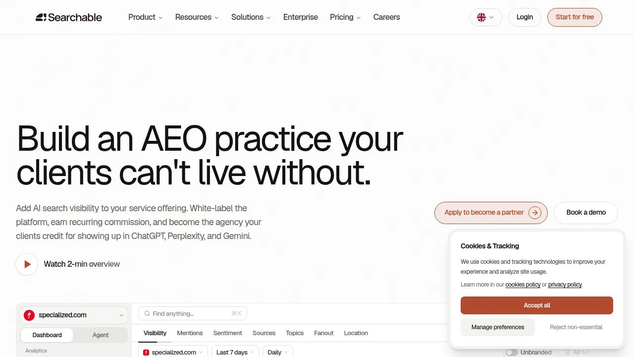 Searchable agency partner program page describing an AEO practice for client AI search visibility.