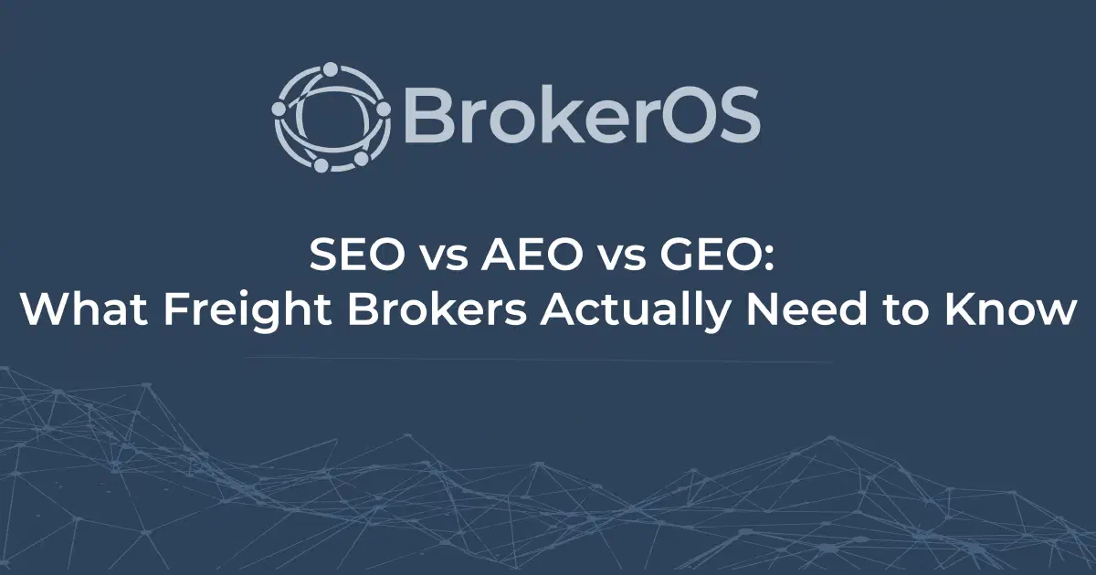 A comparison of SEO, AEO, and GEO showing how freight brokers can be found in search engines and AI answer tools. A comparison of SEO, AEO, and GEO showing how freight brokers can be found in search engines and AI answer tools.