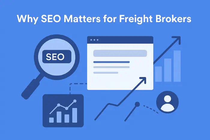 An illustration of a truck in front of a website. The text on the graphic reads 'Why Material Design Matters for Freight Broker Websites'